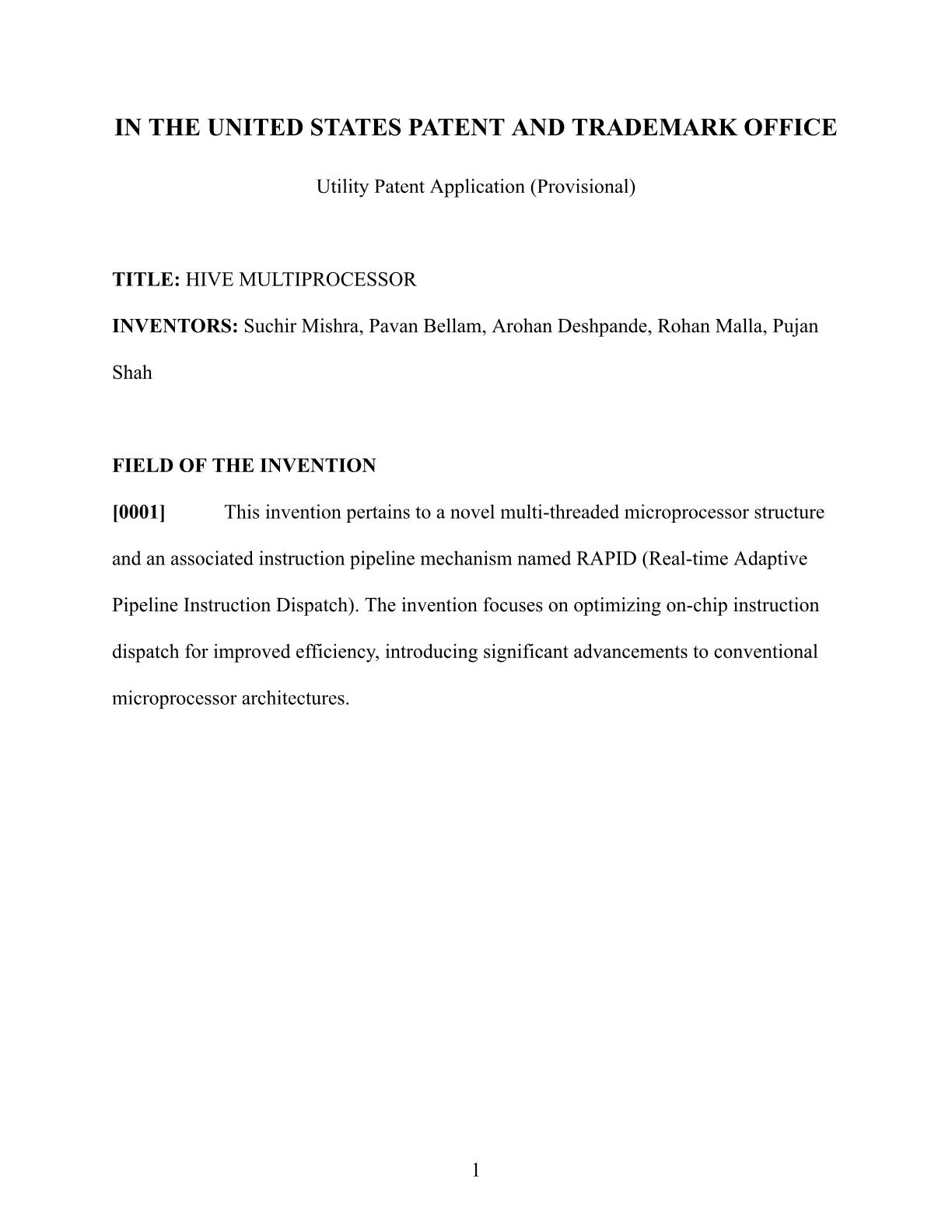 HIVE Multiprocessor Patent Filing, page 1